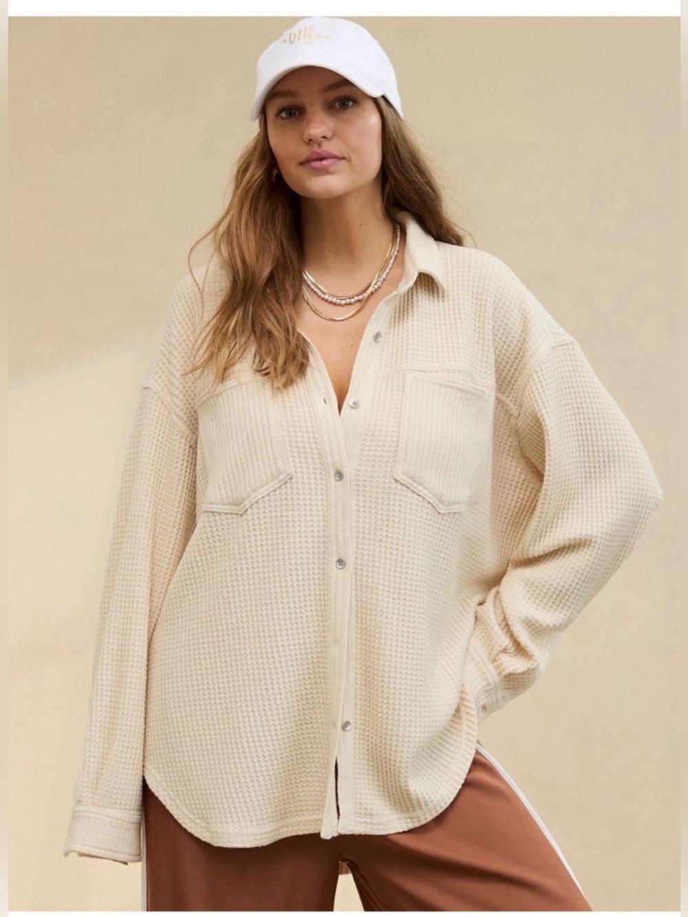 aerie Cream Waffle-Knit Button-Down Oversized Shirt